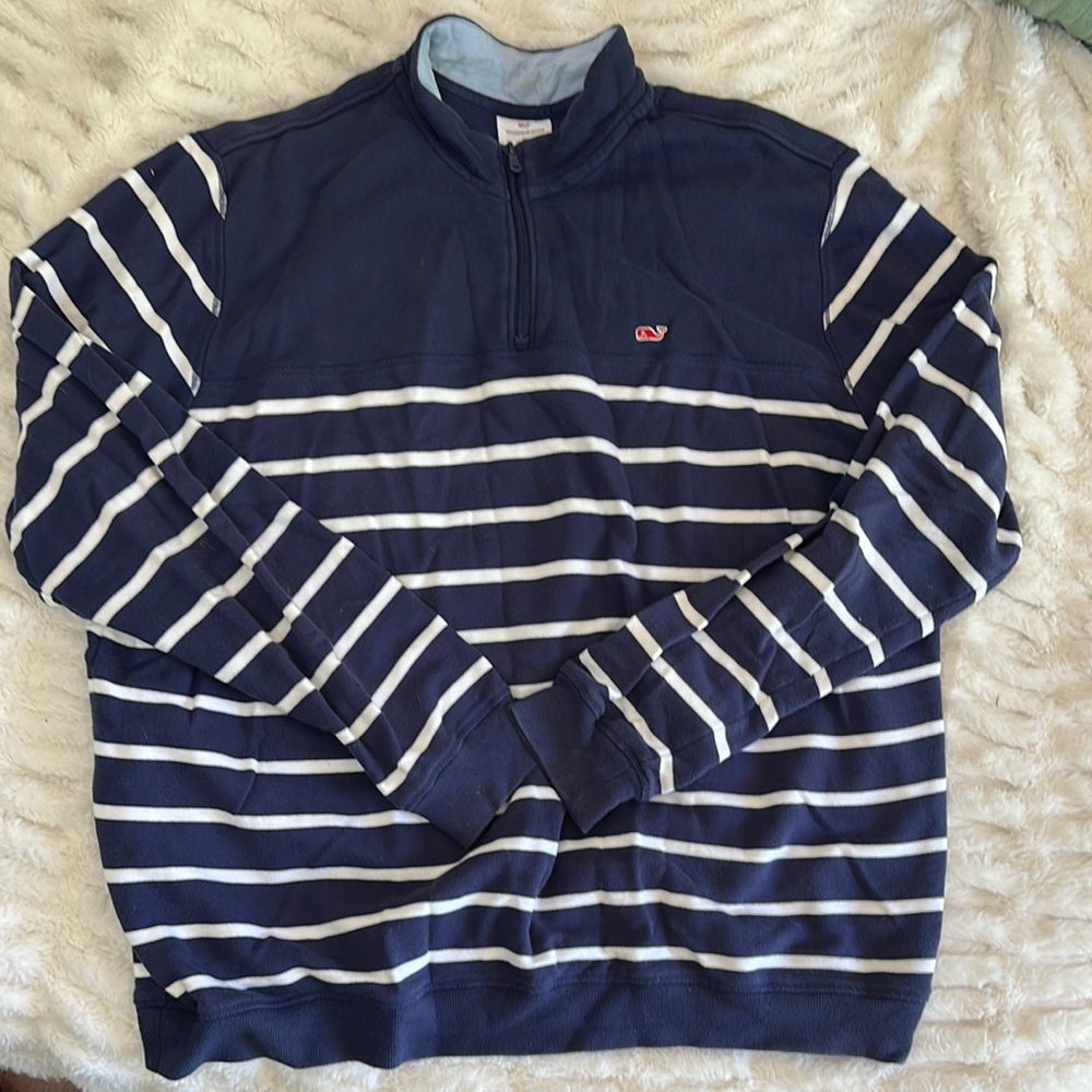 Vineyard Vines Zip Up Blue and White Sweater with Nautical Stripes